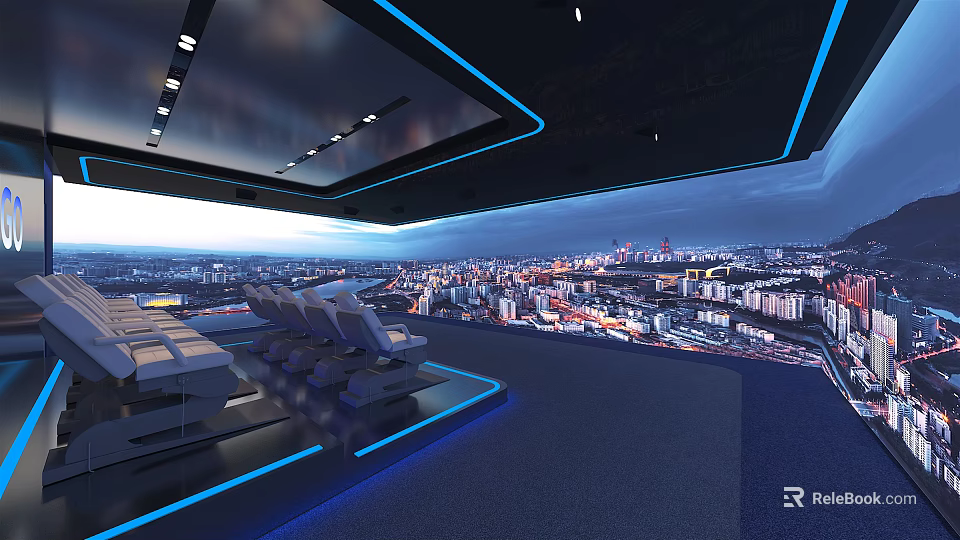 Modern Cinema Interior With Comfortable Seats City Night View And Blue Lighting 3d model 