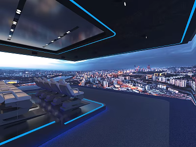 Modern Cinema Interior With Comfortable Seats City Night View And Blue Lighting 3d model