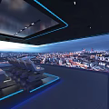 Modern Cinema Interior With Comfortable Seats City Night View And Blue Lighting