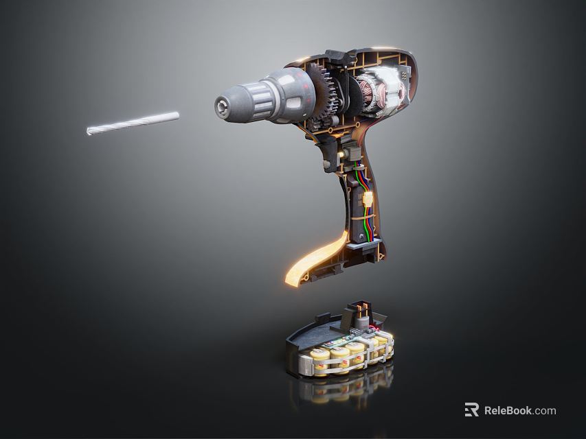 Industrial Drill Exploded View Showing Internal Mechanical Components And Battery Base Structure 3d model 