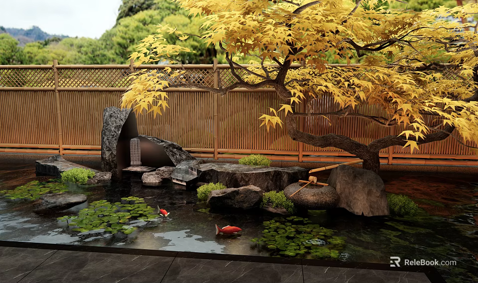 Tranquil Water Fountain with Red Koi Fish Lily Pads and Yellow Tree by Bamboo Fence 3d model 
