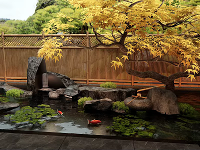 Tranquil Water Fountain with Red Koi Fish Lily Pads and Yellow Tree by Bamboo Fence 3d model