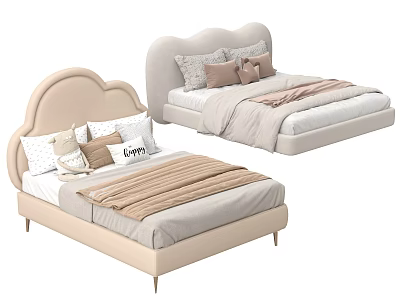 Cozy Beige Kids Bed with Curved Headboard Soft Pillows Happy Cushion and Warm Blanket 3d model