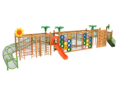 Outdoor Wooden Playground Equipment With Climbing Net Slide Sunflower And Palm Tree Decorations 3d model