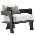 Beige Upholstered Accent Chair with Black Wooden Armrests and Green Striped Pillow