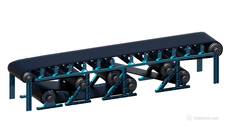 Industrial Conveyor Belt System with Steel Frame and Blue Support Rollers 3d model 