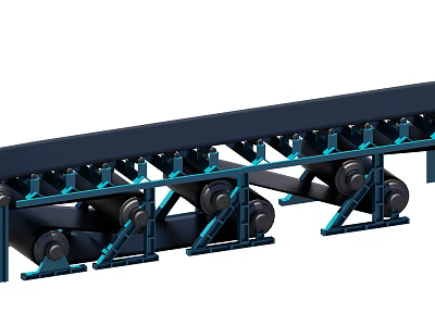 Industrial Conveyor Belt System with Steel Frame and Blue Support Rollers 3d model