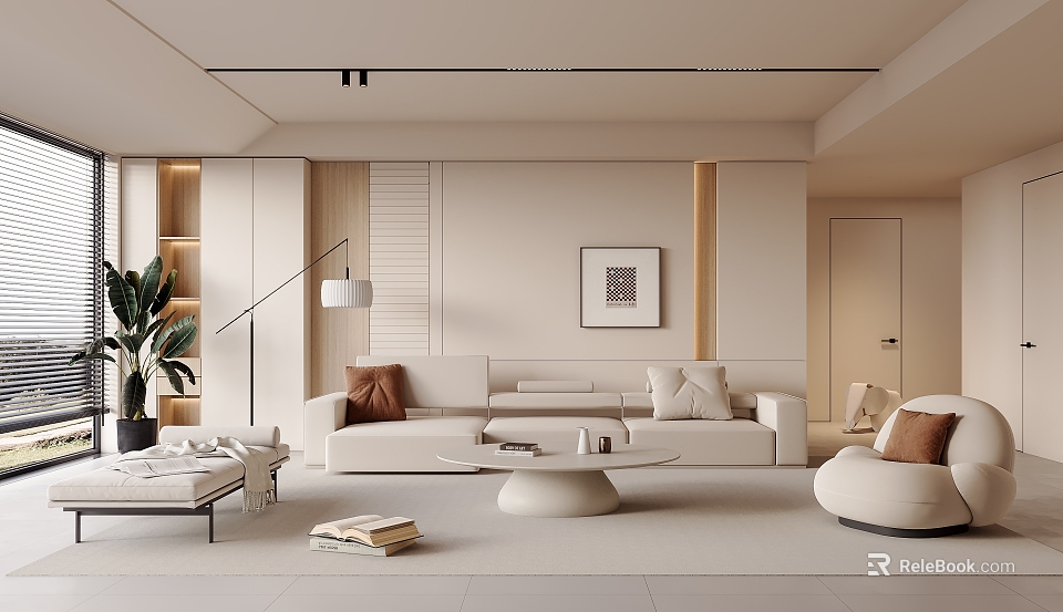 Modern Minimalist Living Room Interior With Neutral Tones Sofa Coffee Table And Artwork 3d model 