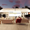 Outdoor Goodies Market Stall With White Tent Lanterns And Calligraphy Signs At Sunset