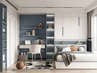 Modern Tatami Bedroom Interior With Blue Walls White Furniture Desk Bookshelves And Natural Light 3d model