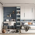Modern Tatami Bedroom Interior With Blue Walls White Furniture Desk Bookshelves And Natural Light
