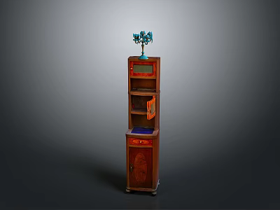 Tall Wooden Cabinet With Multiple Shelves Drawer And Decorative Top Ornament 3d model