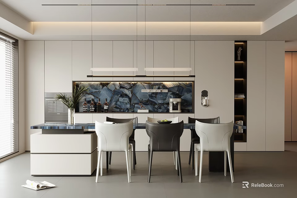 Modern Luxury Restaurant Interior With Dining Table Chairs Pendant Lights And Wall Art 3d model 