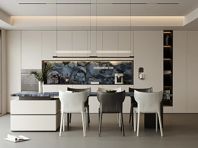 Modern Luxury Restaurant Interior With Dining Table Chairs Pendant Lights And Wall Art 3d model