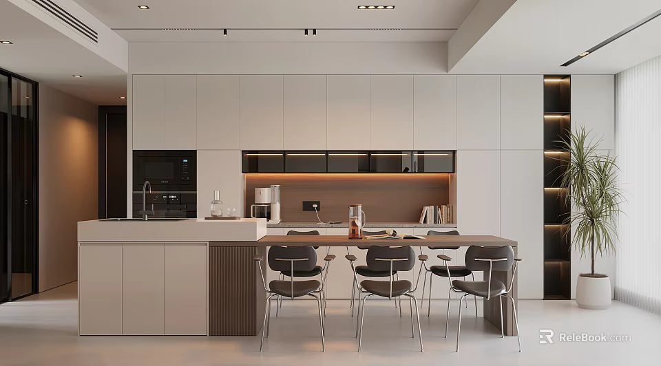 Modern Restaurant Interior Design With Dining Table Chairs And White Cabinets 3d model