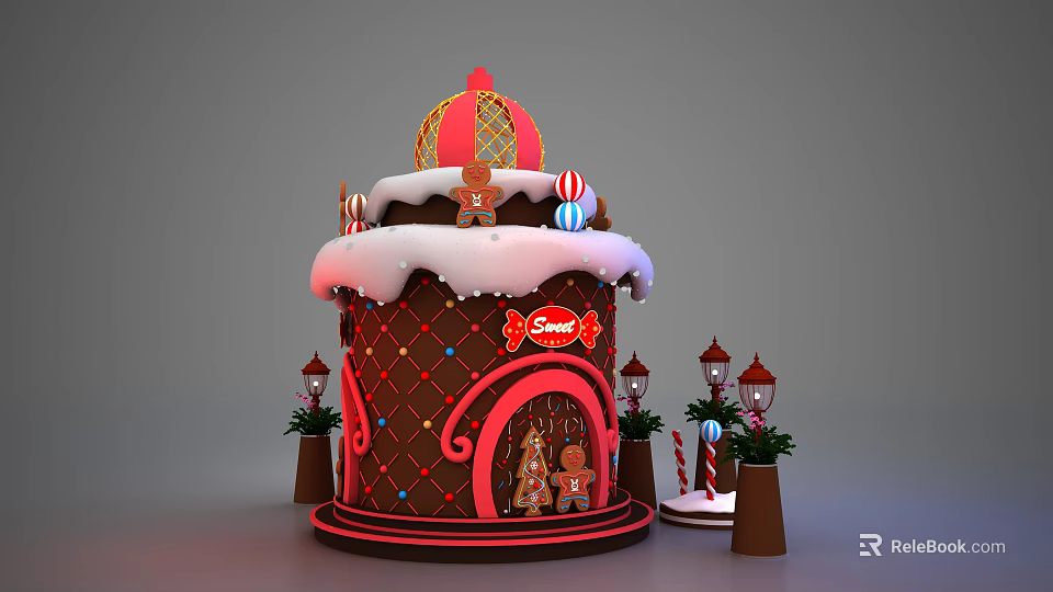 Festive Gingerbread House Featuring Sweet Sign Snowy Roof And Candy Decorations 3d model 