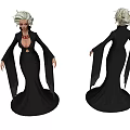 Elegant Woman With White Short Hair Black Long Dress Red Necklace And Long Sleeves