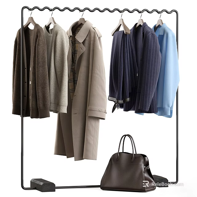 Stylish Modern Wardrobe Display With Hanging Coats Suits And Leather Handbag 3d model 