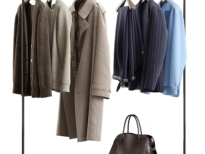 Stylish Modern Wardrobe Display With Hanging Coats Suits And Leather Handbag 3d model