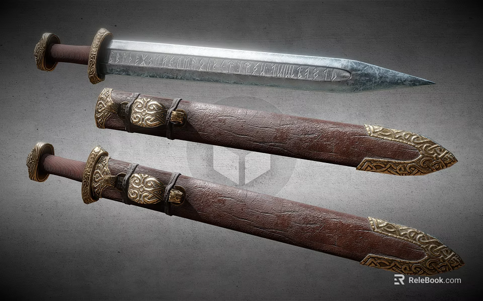 Ornate Medieval Sword With Engraved Metal Blade And Leather Scabbard With Golden Accents 3d model 