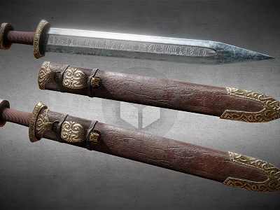 Ornate Medieval Sword With Engraved Metal Blade And Leather Scabbard With Golden Accents 3d model