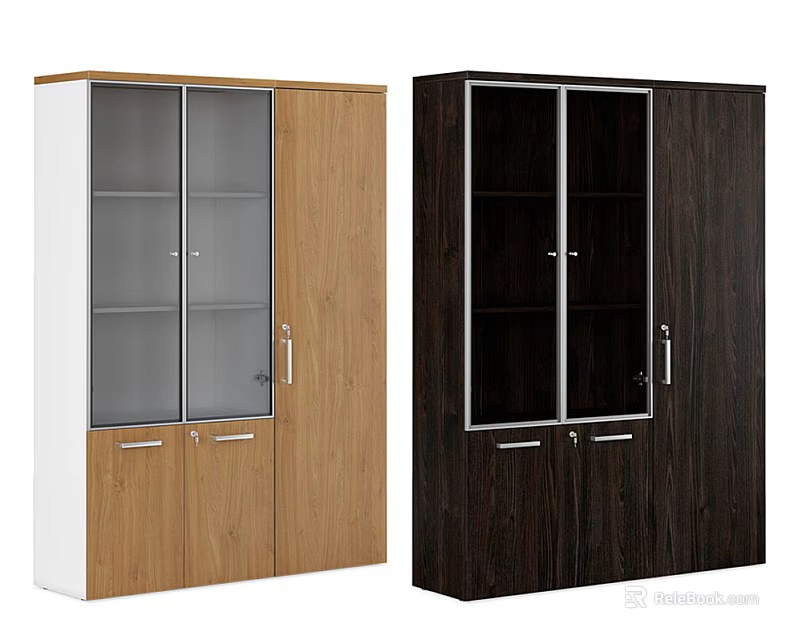 Light And Dark Colored Wooden Bookcase With Glass Doors And Drawers 3d model 