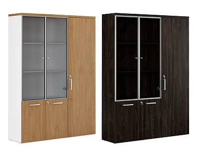 Light And Dark Colored Wooden Bookcase With Glass Doors And Drawers 3d model