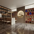 Elegant Boutique Interior With Wooden Shelves Round Mirror Display Counter And Warm Lighting