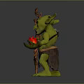 3D Fantasy Goblin Character With Green Skin Holding Trident Staff And Red Object