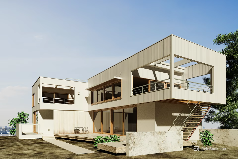 Modern Single Family House Exterior With Balcony Large Windows Wooden Accents Concrete Stairs And Greenery 3d model 