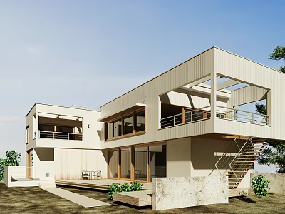 Modern Single Family House Exterior With Balcony Large Windows Wooden Accents Concrete Stairs And Greenery 3d model