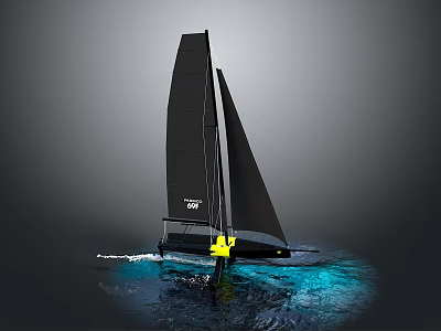 Sleek Black Flying Nikka Sailboat Sailing With Twin Sails On Blue Sea 3d model