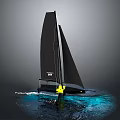 Sleek Black Flying Nikka Sailboat Sailing With Twin Sails On Blue Sea