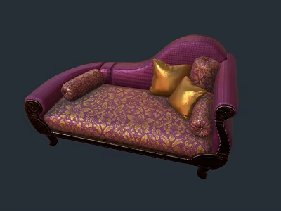 Elegant Purple Two-Seater Sofa With Gold Floral Pattern Gold Cushions And Wooden Legs 3d model