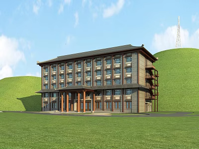 Chinese Style Multi story Office Building With Columns Windows Surrounded By Green Lawn And Hills 3d model