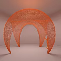 Black Arched Net Like Art Installation In White Gallery With Person Standing Beneath