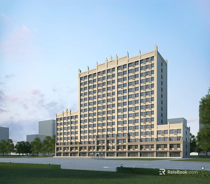 Modern High Rise Office Building Exterior With Large Windows And Surrounding Greenery 3d model 
