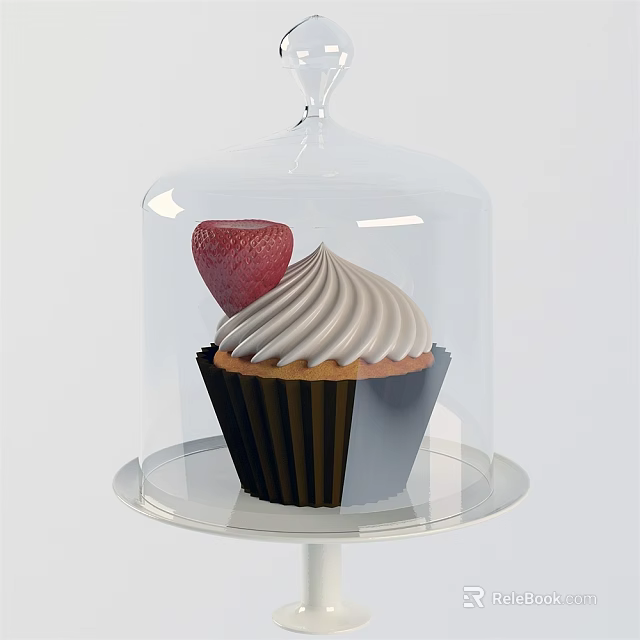 Elegant Decorative Ornament Set With Glass Dome Cupcake Cream Topping Strawberry And Transparent Base 3d model 