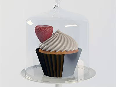 Elegant Decorative Ornament Set With Glass Dome Cupcake Cream Topping Strawberry And Transparent Base 3d model