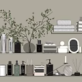 Stylish Washing Daily Products Display On Shelves With Towels Bottles And Greenery