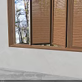Wooden Window Blinds In Modern Interior With Bookshelf Plants And Trees Outside