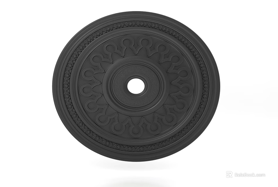 Black Ceiling Medallion with Ornate Decorative Pattern and Central Hole for Lighting Fixture 3d model