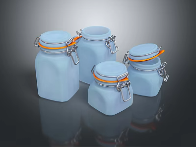 Blue Glass Storage Jars With Orange Seals And Metal Clips For Kitchen Use 3d model