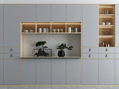 Modern Decorative Cabinet Interior Design With Gray Cabinetry Open Shelves Small Plants And Decorative Items 3d model