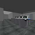 Modern Internet Cafe With Gaming Chairs Computers Gray Walls And Blue Accents