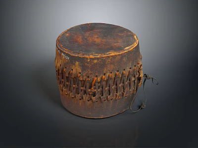 Vintage Handcrafted Wooden Musical Drum With Rustic Surface And Intricate Woven Straps Design 3d model