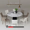Round Marble Dining Table Set With Striped And White Chairs And Hanging Light 3d model