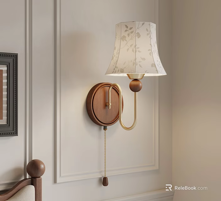 Classic Wall Lamp With Wooden Base Metal Bracket And Floral Lampshade Mounted On Wall 3d model 
