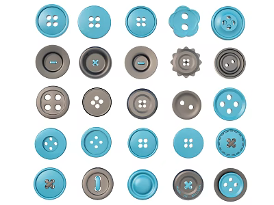 Assorted Blue And Gray Buttons With Various Hole Designs And Shapes For Sewing Accessories 3d model