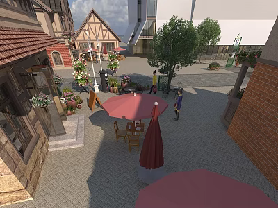 Swing Door For Red Brick Building Outdoor Dining Area With Wooden Tables And Umbrellas 3d model
